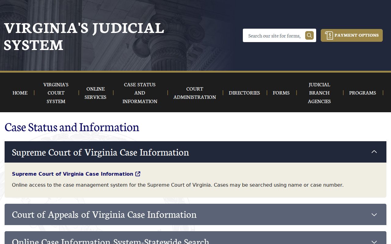 Virginia court case-information hub listing public court search options
