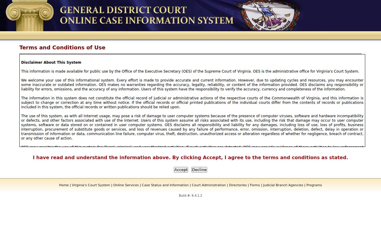 Virginia court case search terms and data limitation notice
