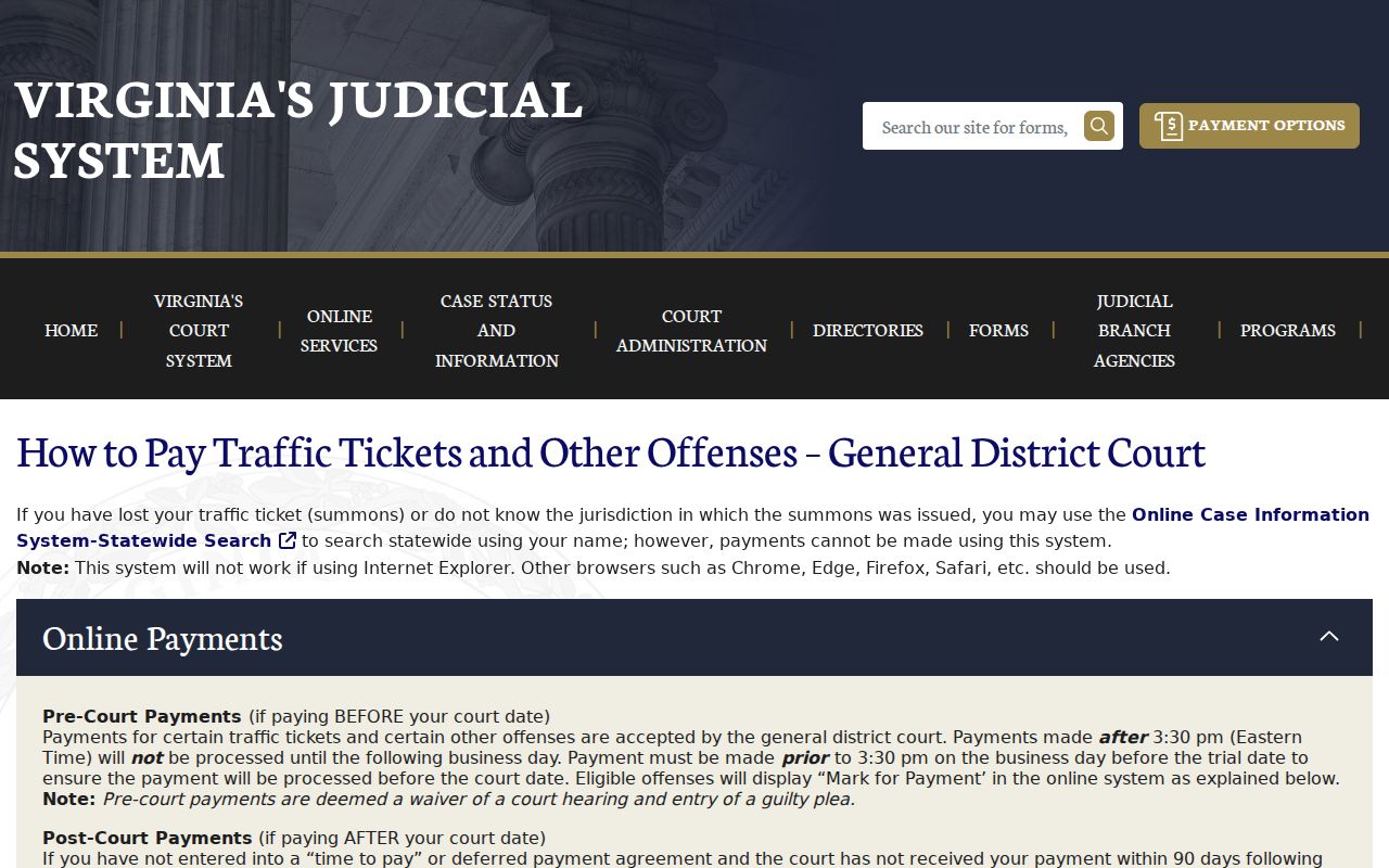 Virginia General District Court traffic payment steps relevant to Essex cases