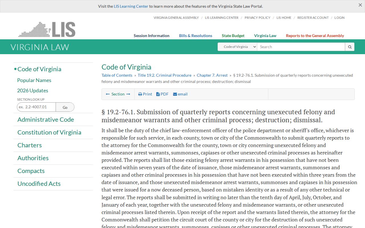 Virginia statute on reports and destruction of certain unexecuted warrant process