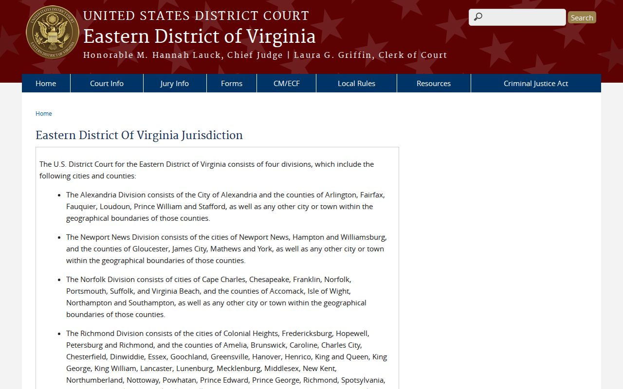 Eastern District of Virginia Richmond Division jurisdiction reference for Essex County