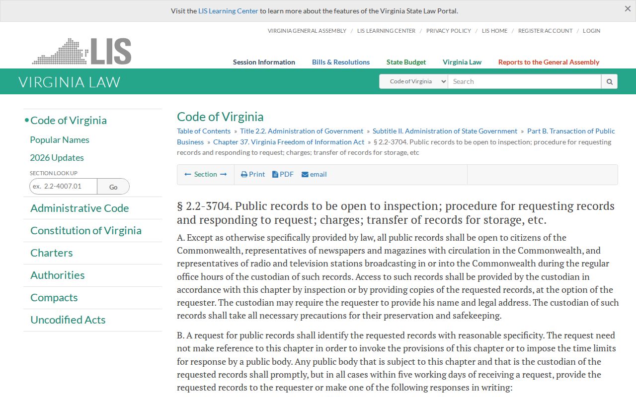 Virginia FOIA law covering record inspection, requests, and charges