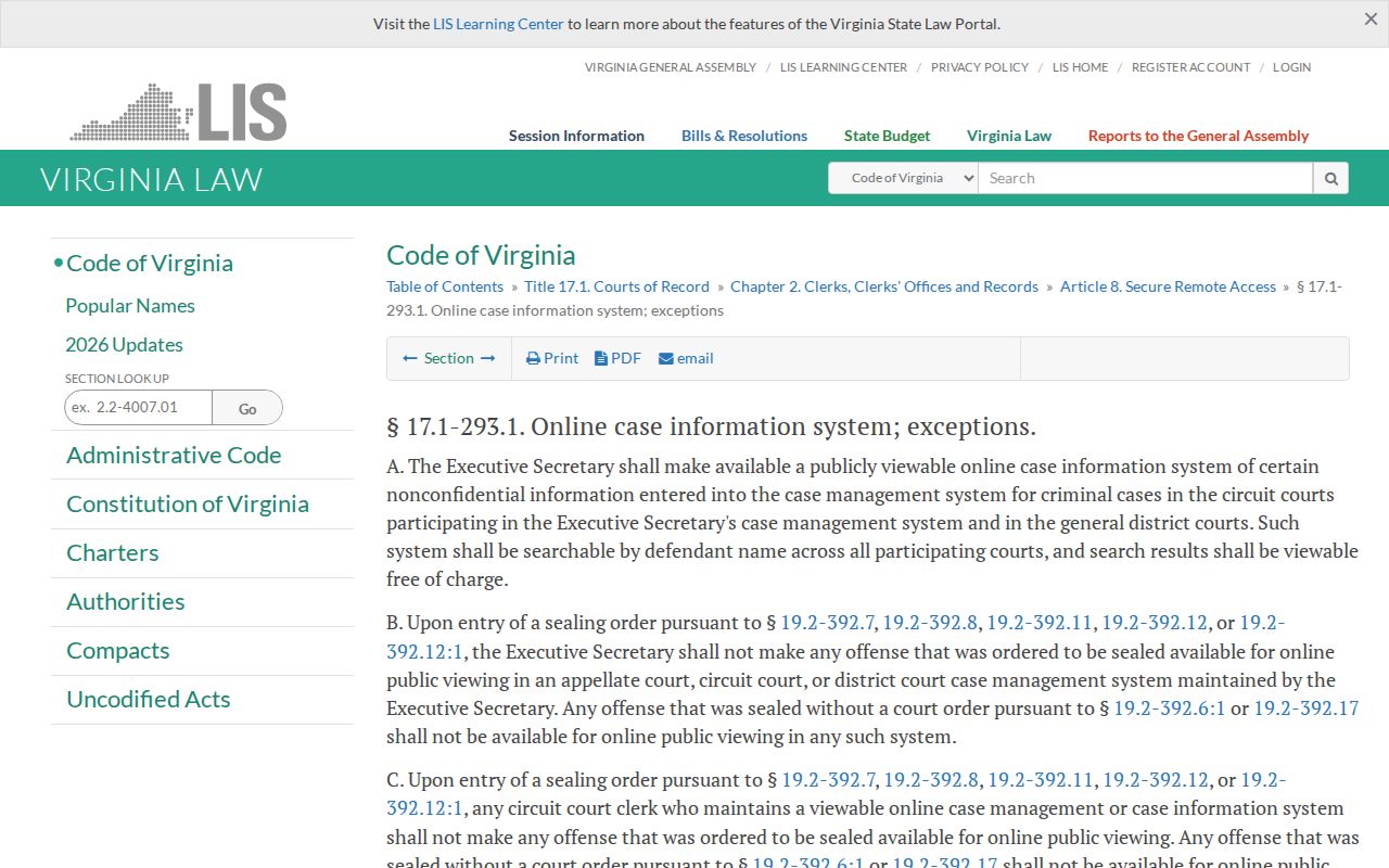 Virginia online case-information rule for Essex County public records