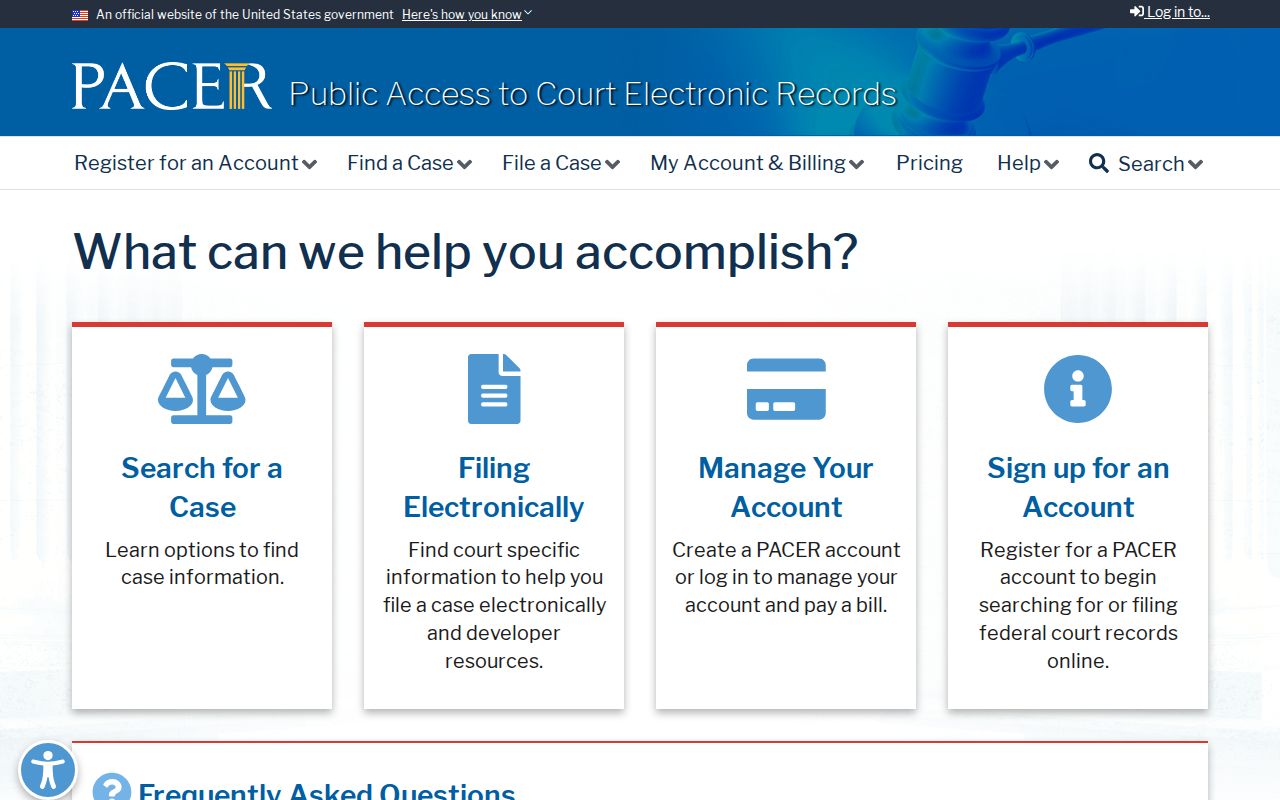 PACER federal court docket search interface for separate federal cases