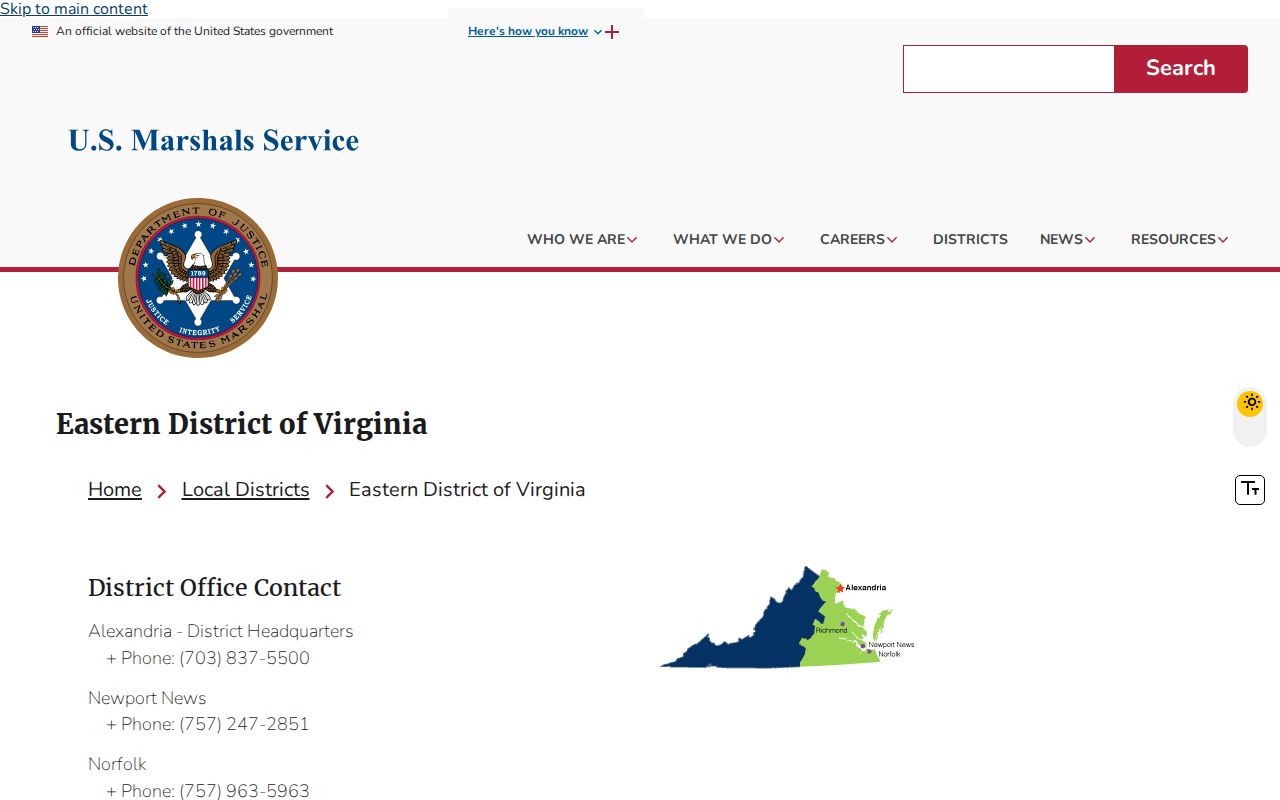 U.S. Marshals Eastern District official contact and task-force page for federal process