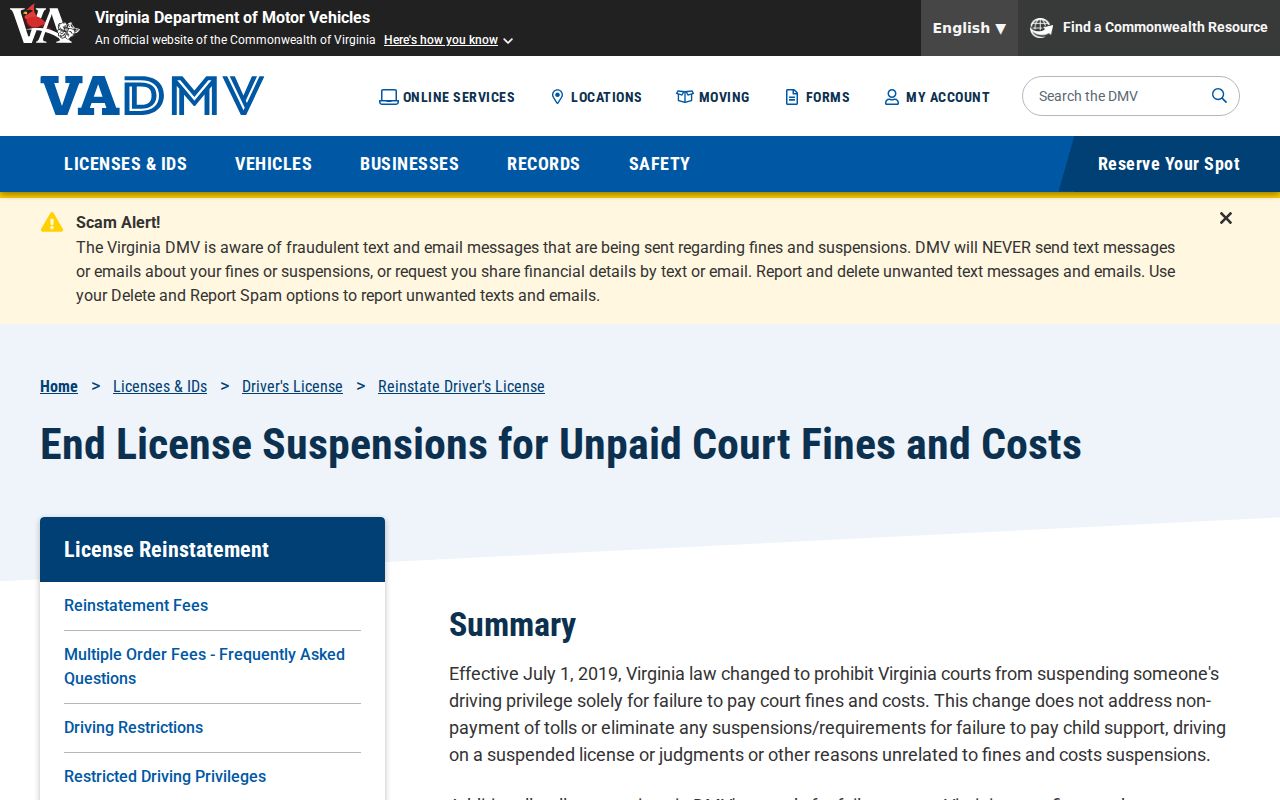 Virginia DMV explanation of court fine and cost suspension rules