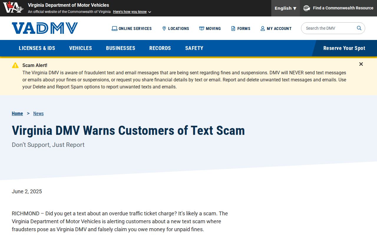 Virginia DMV warning about text messages claiming an overdue ticket