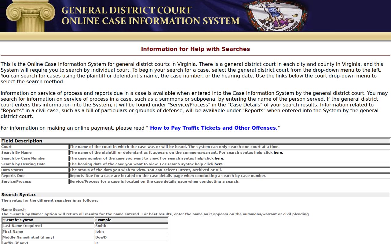 Essex General District Court search fields for name, case, and hearing date