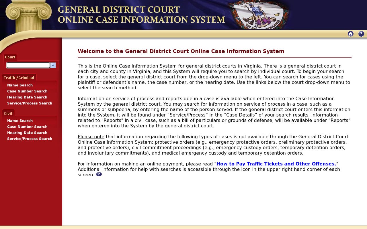 Virginia General District Court court selector for Essex traffic cases