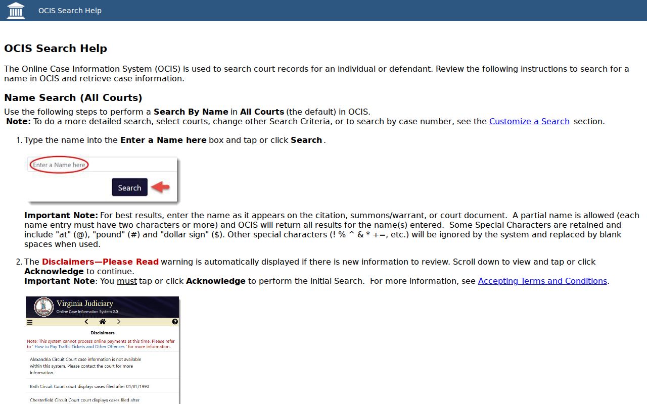 Official Virginia case-search field instructions for locating Essex County records