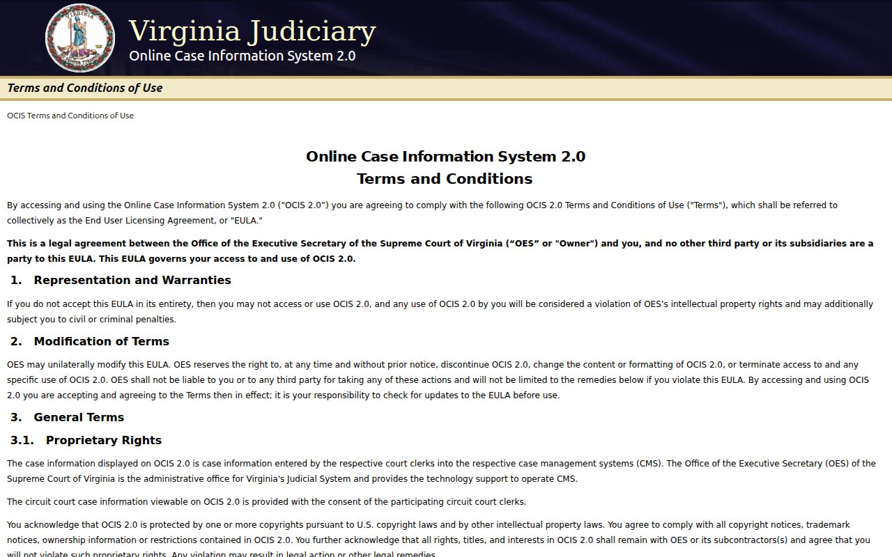 Virginia OCIS search screen for Essex County court cases